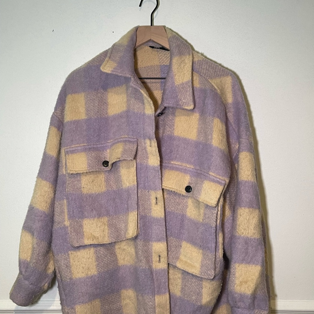 ZARA plaid purple and white coat